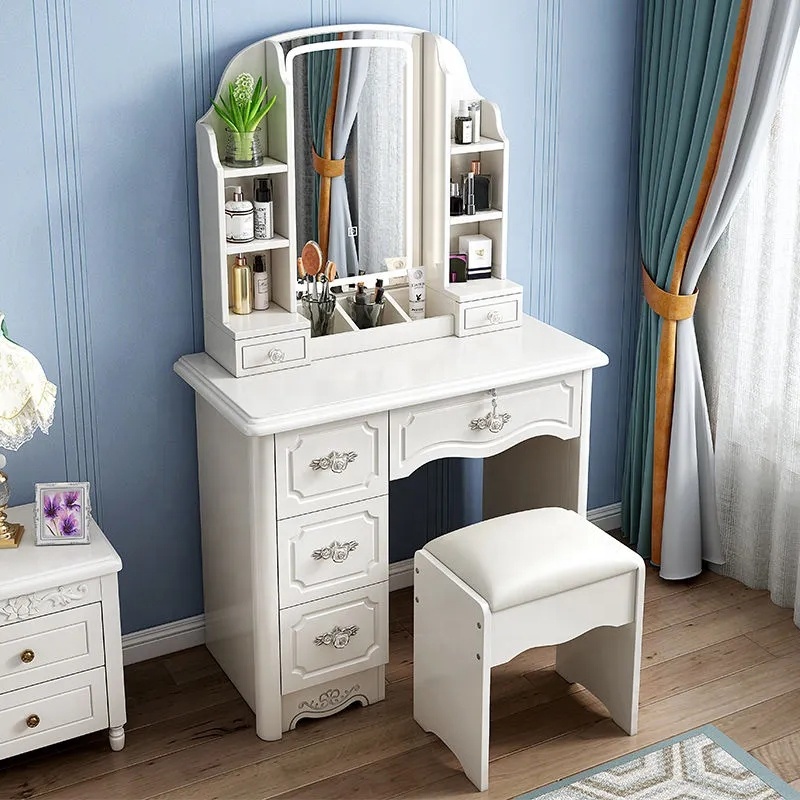 Desk Setup Simple - โต๊ะเครื่องแป้งไม้สีขาวชมพูสไตล์โมเดิร์น พร้อมกระจก ราคาประหยัด สำหรับสาวๆ