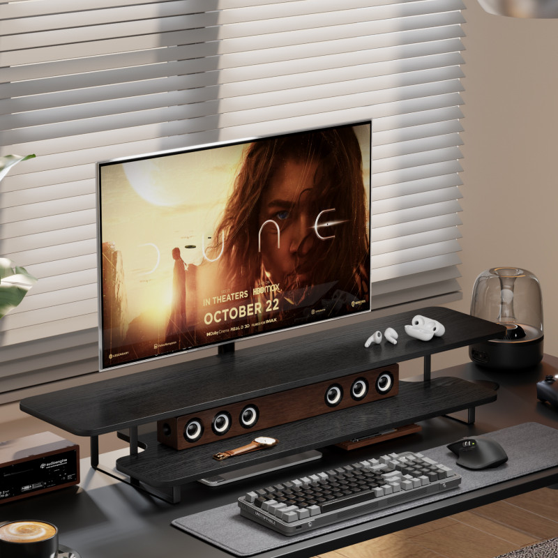 Desk Setup With Laptop And Monitor - ขาตั้งจอคอมพิวเตอร์แบบยกสูง วัสดุไม้วอลนัท สำหรับจัดระเบียบโต๊ะทำงาน รองรับการใช้งานคอมพิวเตอร์ ฐานวางแล็ปท็อปสำหรับสำนักงานและบ้าน ออกแบบตามหลักสรีรศาสตร์