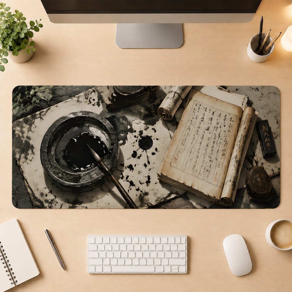 Desk Setup Simple - งานเขียนพู่กันจีนแบบย้อนยุค, ฐานกันลื่น, อุปกรณ์เสริมสำหรับการตั้งค่าเกม, อุปกรณ์เสริมสำหรับโต๊ะคอมพิวเตอร์, อุปกรณ์เสริมสำหรับคีย์บอร์ดและเมาส์