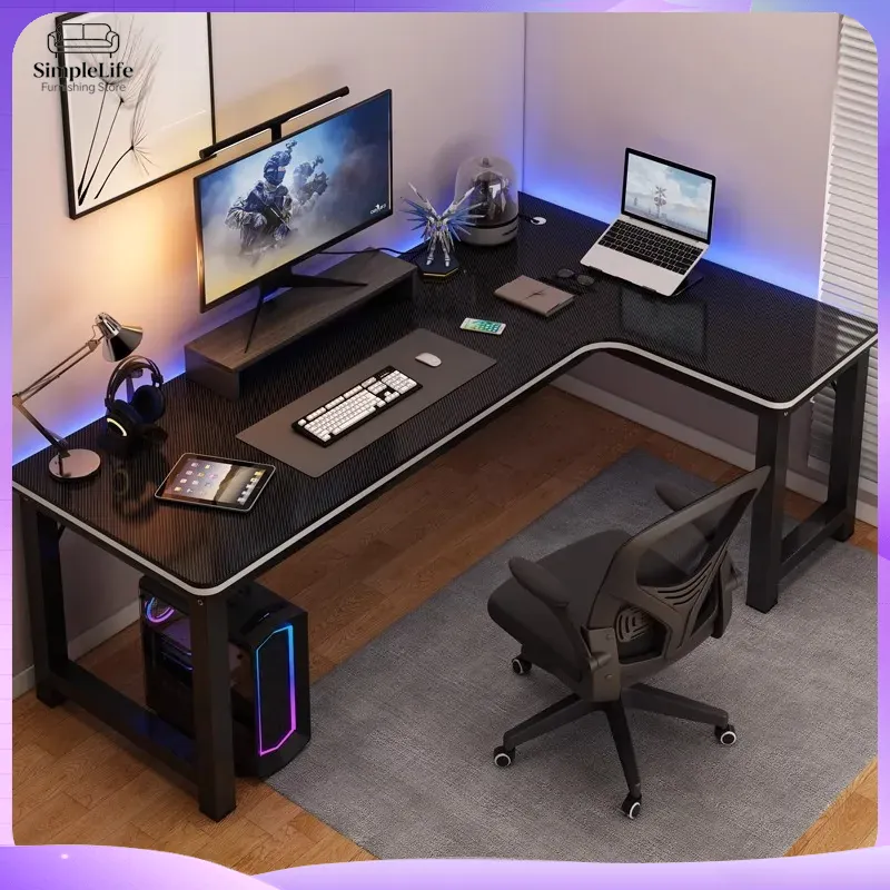 Desk Setup With Laptop And Monitor - โต๊ะเกมมิ่ง โต๊ะคอมพิวเตอร์สำหรับพีซี แล็ปท็อป ปรับระดับความสูงได้ตามหลักสรีรศาสตร์ รองรับจอภาพคู่ โต๊ะทำงานที่บ้านพร้อมที่เก็บของ