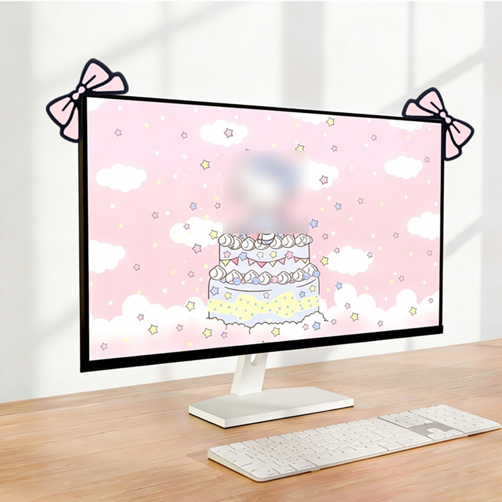 Desk Setup With Laptop And Monitor - ของตกแต่งหน้าจอสีชมพูน่ารัก โบว์คาวาอี้ ของประดับบนหน้าจอ ของตกแต่งโต๊ะสวยงาม สำหรับตกแต่งชุดเกมมิ่ง ของตกแต่งแล็ปท็อปสไตล์สาวหวาน