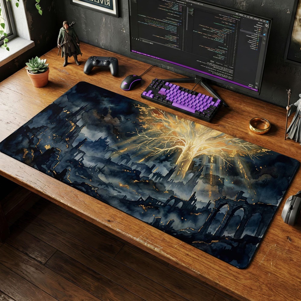 Desk Setup Simple - แผ่นรองโต๊ะ, แผ่นรองเมาส์ลายแฟนตาซีดาร์ค, ของตกแต่งชุดเกม Soulsborne, แผ่นรองสำหรับโต๊ะทำงานและคีย์บอร์ดแบบกลไก