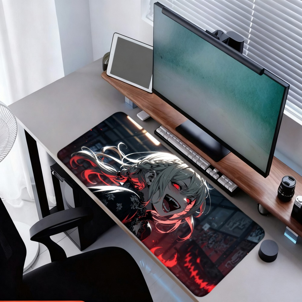 Desk Setup Simple - สาวอนิเมะที่มีเปลวไฟสีแดงและดีไซน์พื้นหลังสีเข้ม ชุดอุปกรณ์จัดระเบียบโต๊ะและถาด ของตกแต่งสำหรับเกมเมอร์ แผ่นรองเมาส์สำหรับเล่นเกม