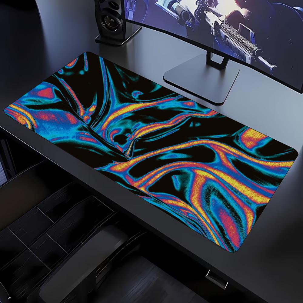Desk Setup Workspace - แผ่นรองเมาส์ขนาดใหญ่ลายหมุนสีสันสดใส ขอบเย็บยางกันลื่น พิมพ์ลายสำหรับโต๊ะทำงาน จัดเตรียมพื้นที่เล่นเกมและสำนักงาน