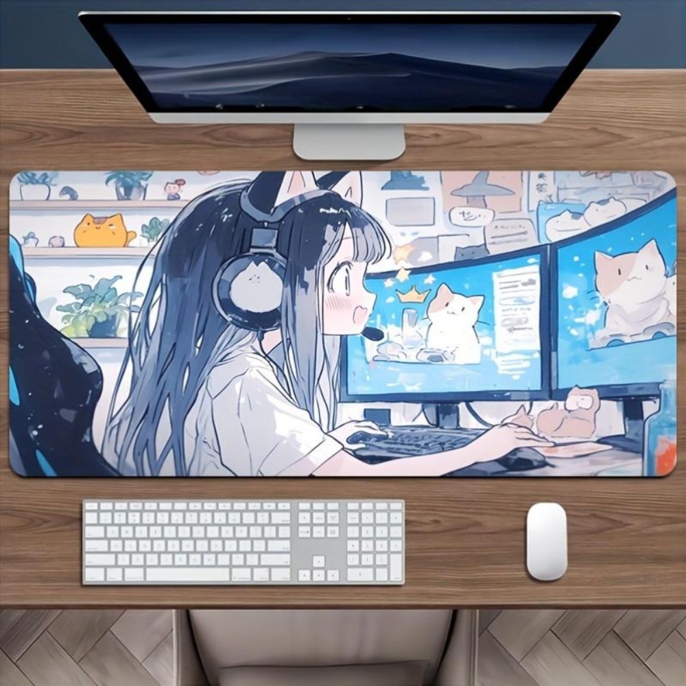 Desk Setup Simple - แผ่นรองเมาส์เกมการ์ตูน Esports Girl - แผ่นรองโต๊ะยางกันลื่นแบบหนา ละลายน้ำได้