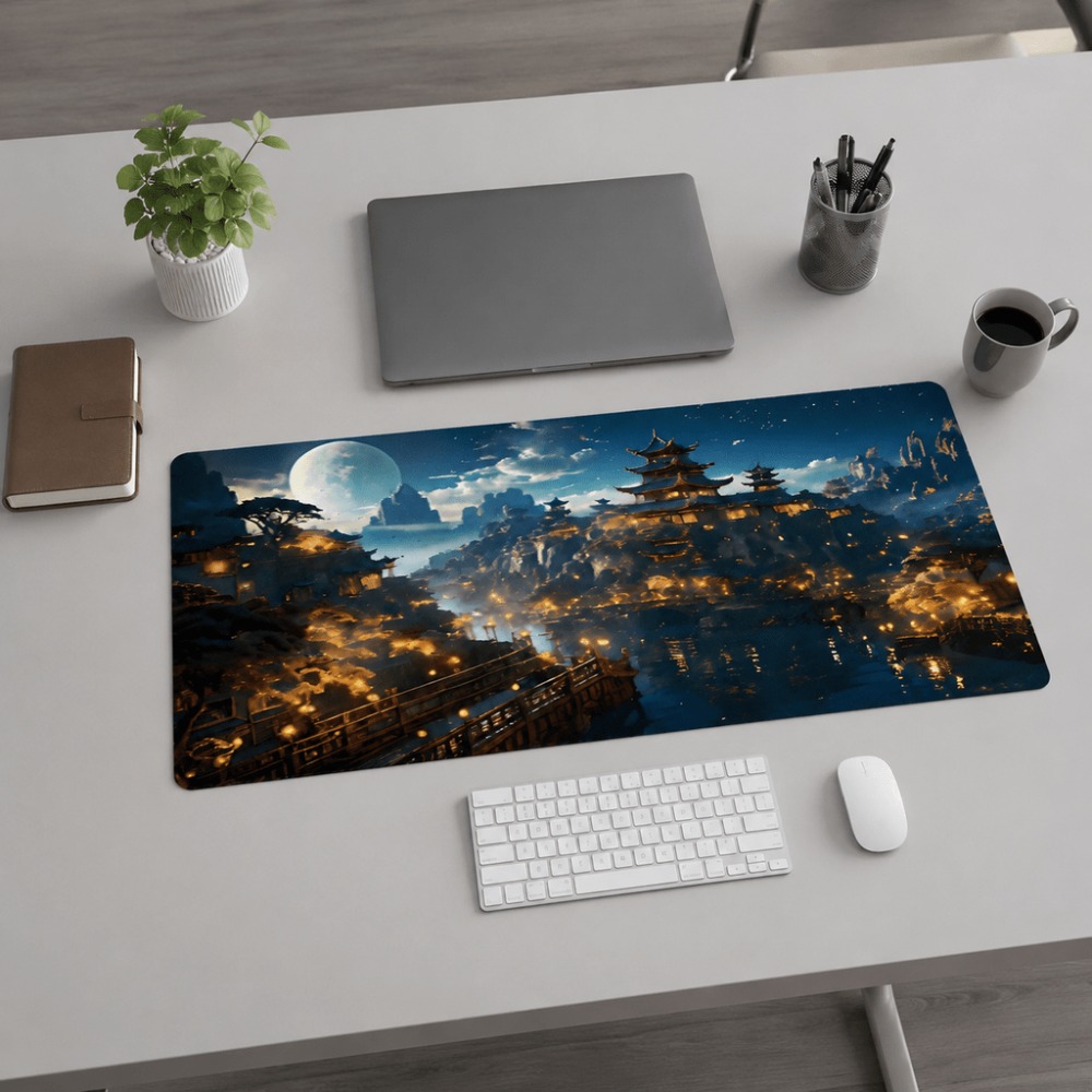 Desk Setup Simple - แผ่นรองโต๊ะทรงยาวลายเมืองแฟนตาซียามค่ำคืนและดวงจันทร์ เหมาะสำหรับสำนักงาน โต๊ะทำงานที่บ้าน โต๊ะทำงานและโต๊ะเล่นเกม