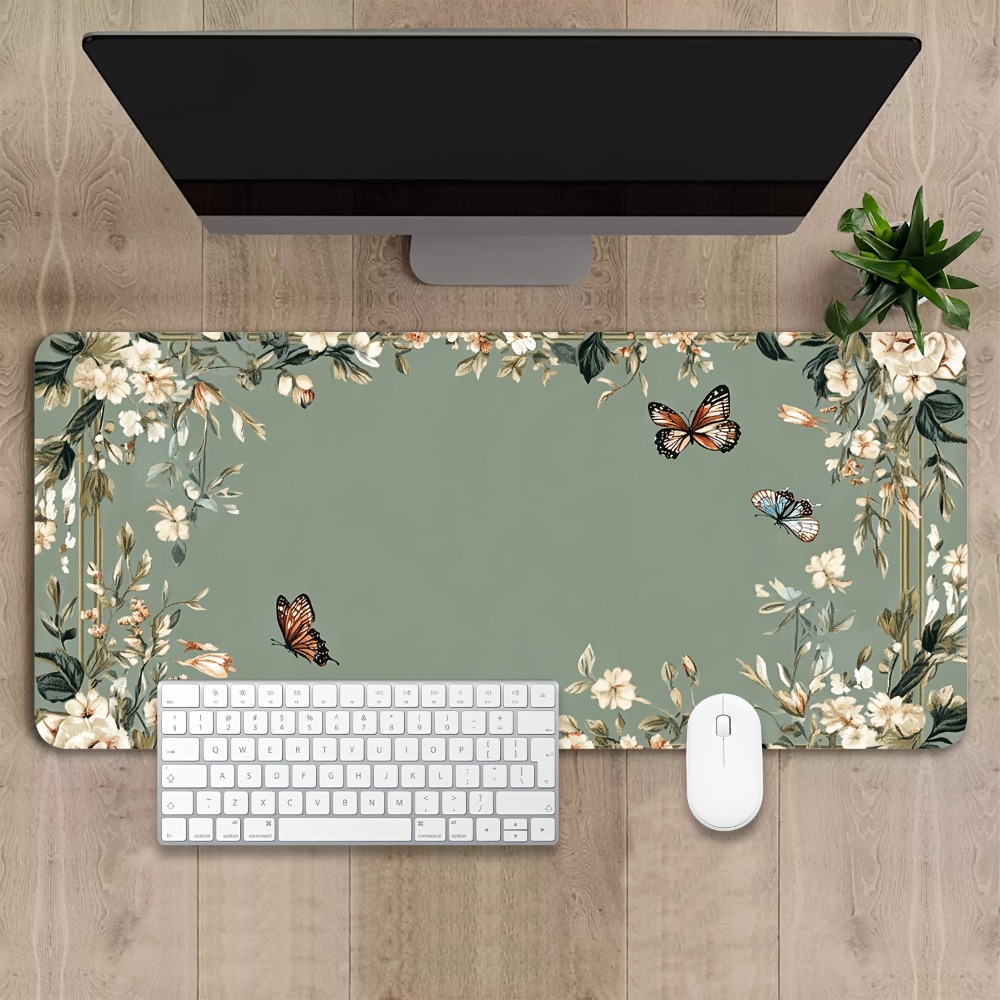 Desk Setup Simple - แผ่นรองโต๊ะลายผีเสื้อและลายดอกไม้สีเขียว ของตกแต่งโต๊ะเกมเมอร์ ถาดจัดระเบียบและถาดรองเมาส์