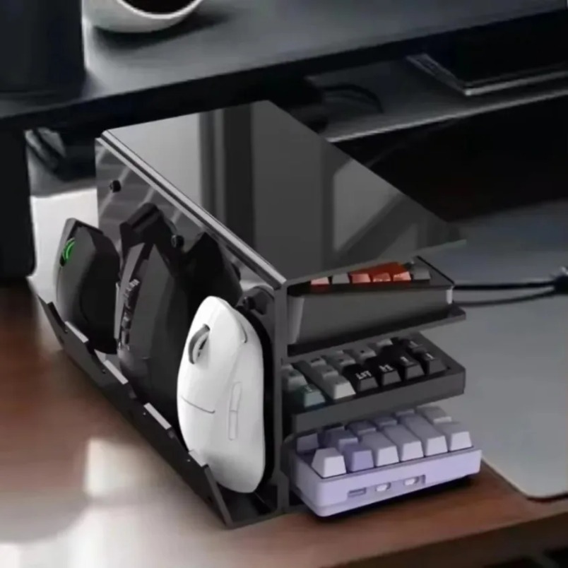 Desk Setup Gaming - ชั้นวางคีย์บอร์ดแบบ 3 ชั้น ทำจากอะคริลิกใส พร้อมที่วางเมาส์ ชั้นวางอุปกรณ์สำหรับจัดระเบียบโต๊ะทำงาน