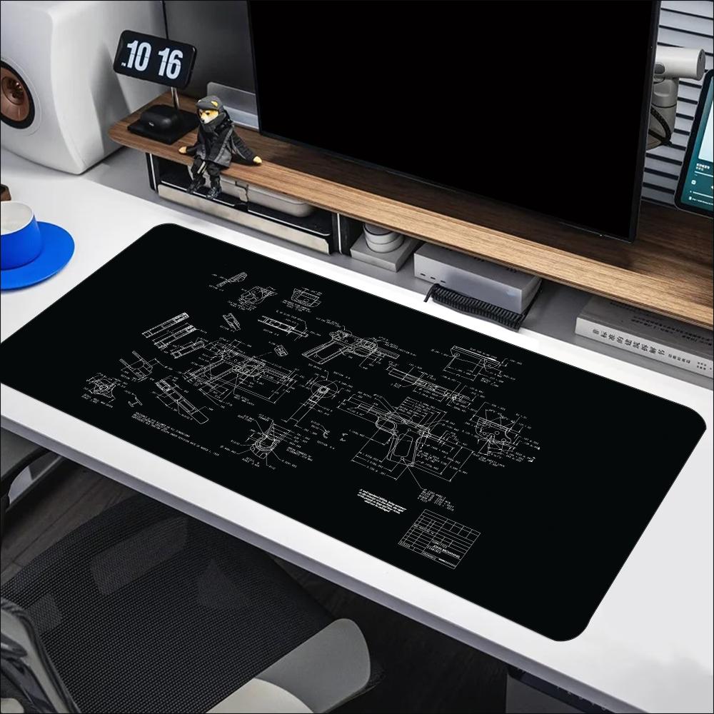Desk Setup Workspace - แผ่นรองเมาส์ขนาดใหญ่ลายสเก็ตช์เครื่องกล พร้อมขอบเย็บกันลื่น ผลิตจากยาง พิมพ์ลายสำหรับโต๊ะทำงาน จัดเตรียมพื้นที่เล่นเกมและทำงานในสำนักงาน