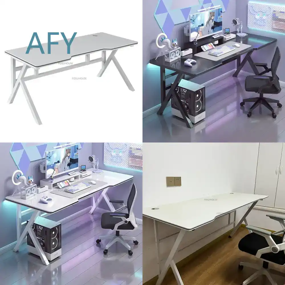 Desk Setup Simple - โต๊ะคอมพิวเตอร์สไตล์นอร์ดิกสำหรับโฮมออฟฟิศ ห้องนอน ชุดเล่นเกมส์ สีขาว ทำจากไม้เทียม โต๊ะเรียน