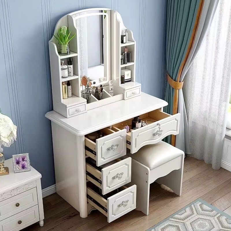 Desk Setup Simple - โต๊ะเครื่องแป้งไม้สีขาวชมพูสไตล์โมเดิร์น ราคาประหยัด พร้อมกระจก โปรโมชั่นลดราคา