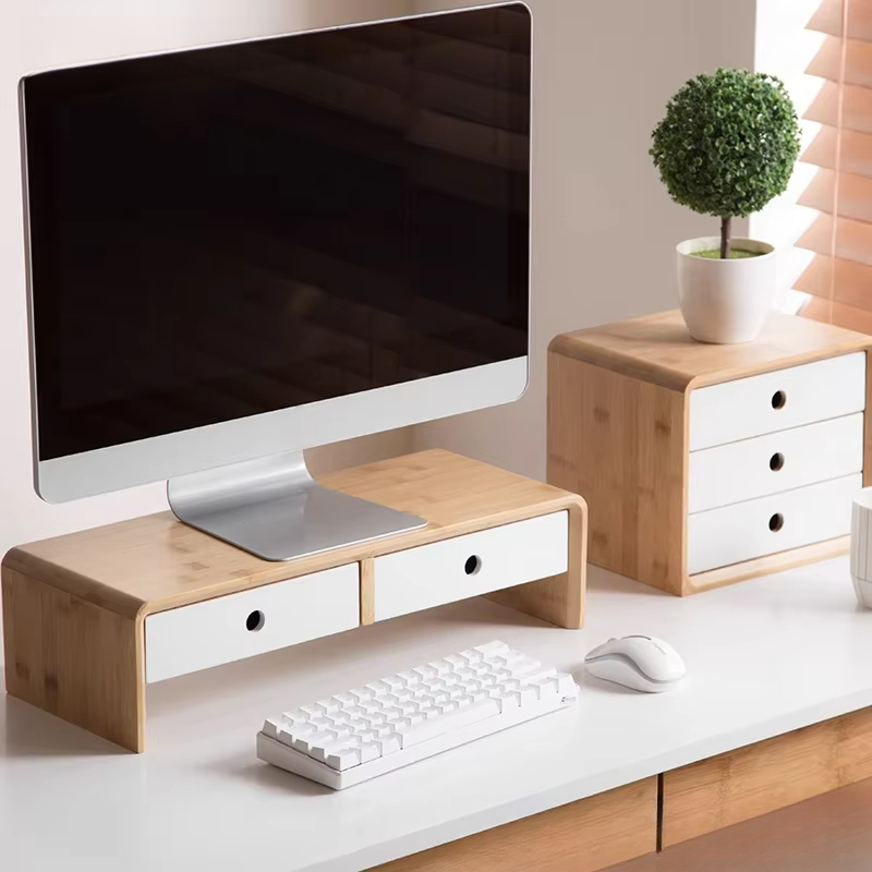 Desk Setup With Laptop And Monitor - แท่นวางจอแล็ปท็อปไม้ไผ่ ที่วางของบนโต๊ะทำงานแบบเป็นมิตรกับสิ่งแวดล้อม พร้อมลิ้นชัก สำหรับการจัดวางโต๊ะทำงานที่บ้าน ขาตั้งไม้
